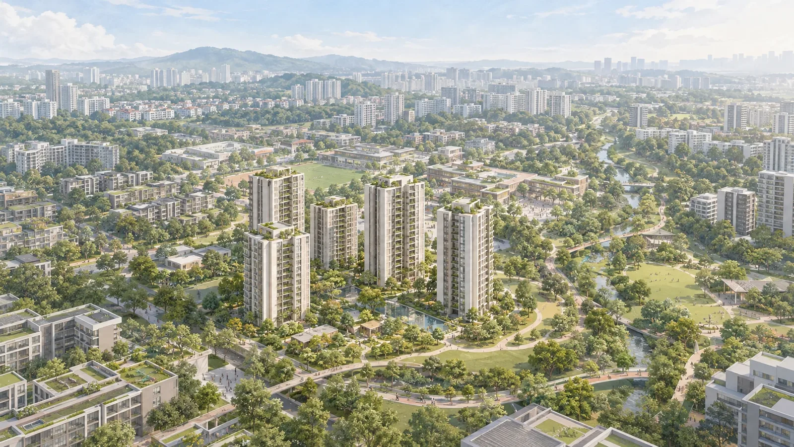 Artistic impression of residential towers among parkland, a river and tree-lined paths in a mature Singapore estate