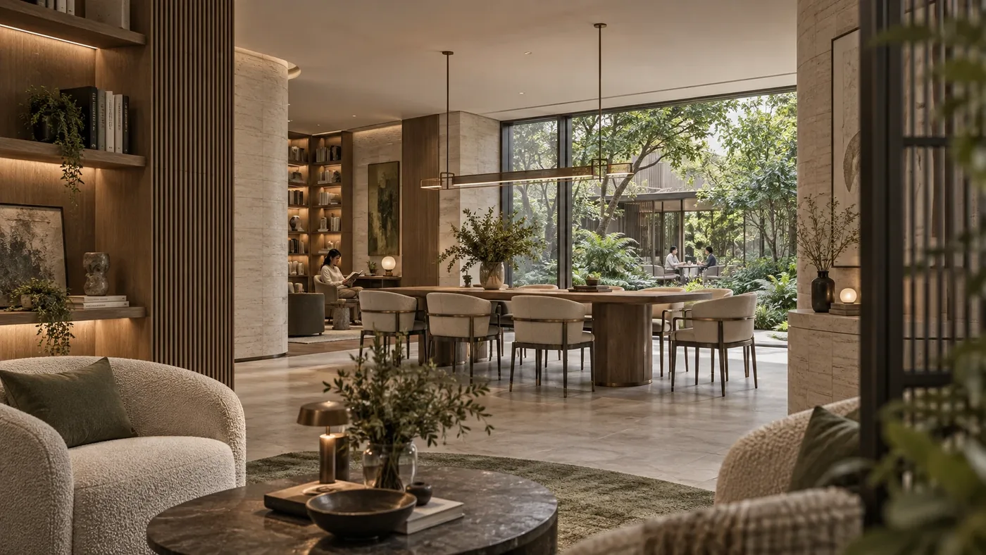 Artistic impression of a clubhouse lounge with armchairs, a long dining table and bookshelves opening onto a garden