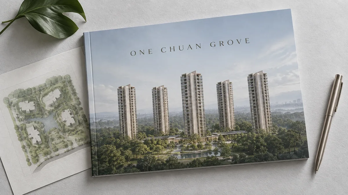 Artistic impression of a One Chuan Grove brochure showing five towers above parkland, beside a site plan sketch and a pen