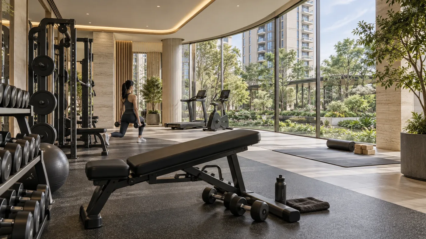 Artistic impression of a residents’ gym with free weights, a treadmill and a curved glass wall facing a garden