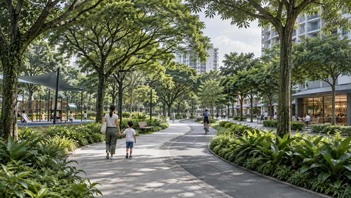 Artistic impression of a parent and child walking along a shaded park path beside a playground