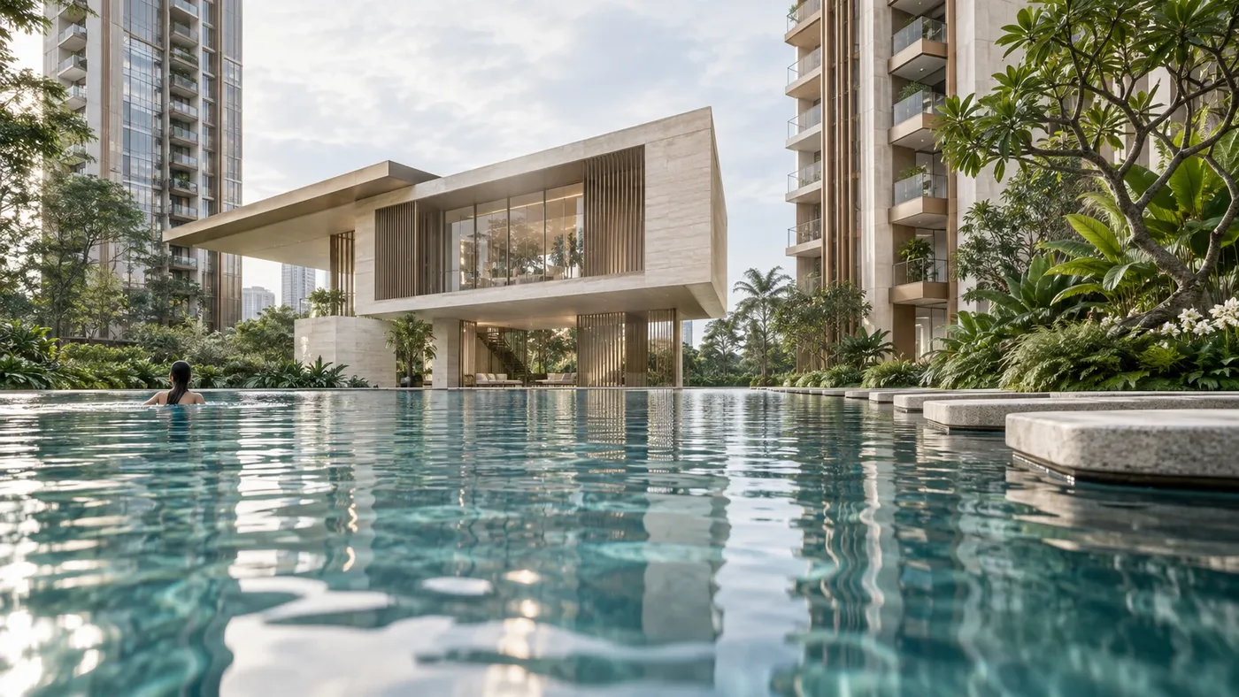 Artistic impression of a swimmer in a long pool facing a stone-clad clubhouse with timber screens